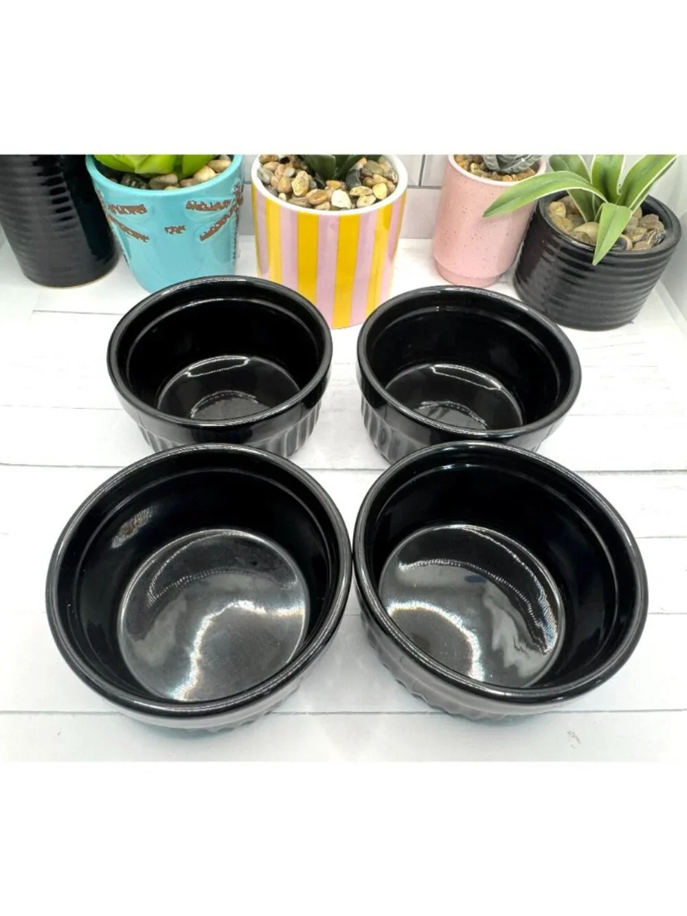Set Of 4 Black Ceramic Ramekins Baking Bowls For Desserts Soufflé